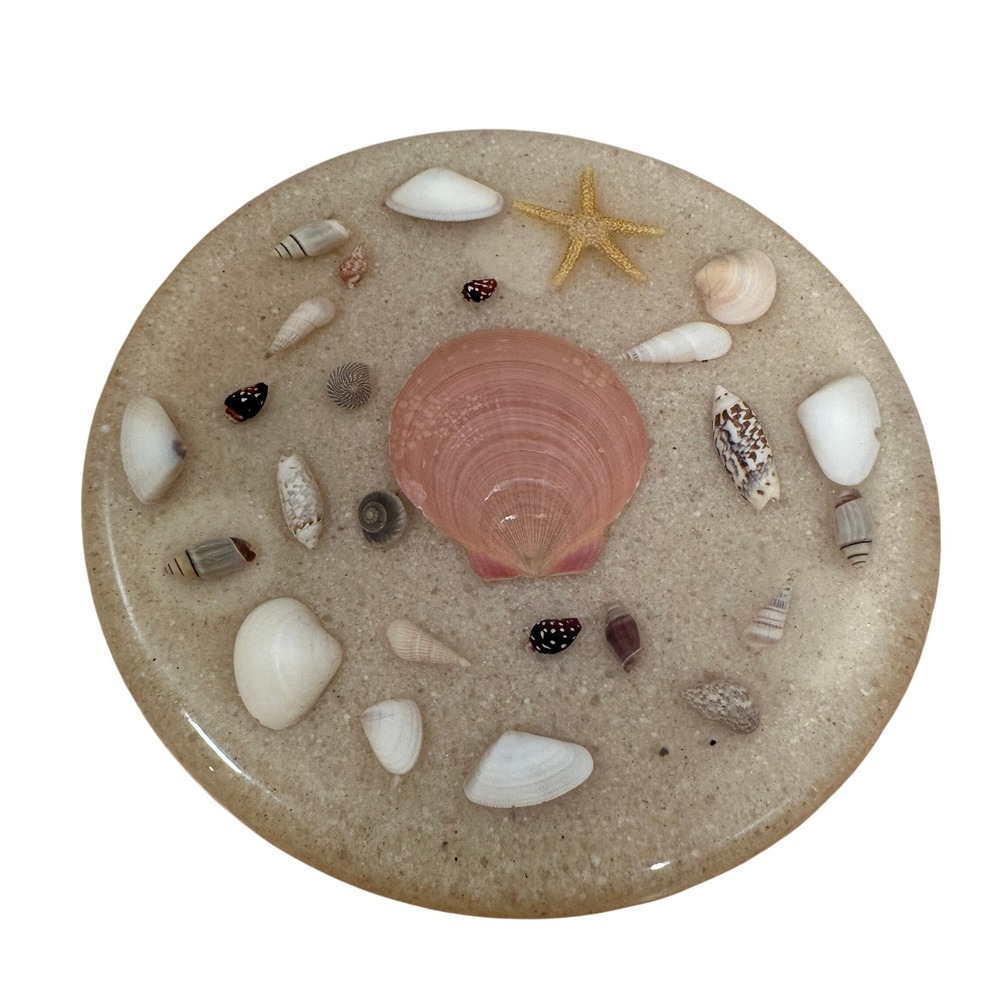 Vintage Resin Sea Shell Trivet Footed Paperweight‎ Pink Scallop Starfish 6.5in